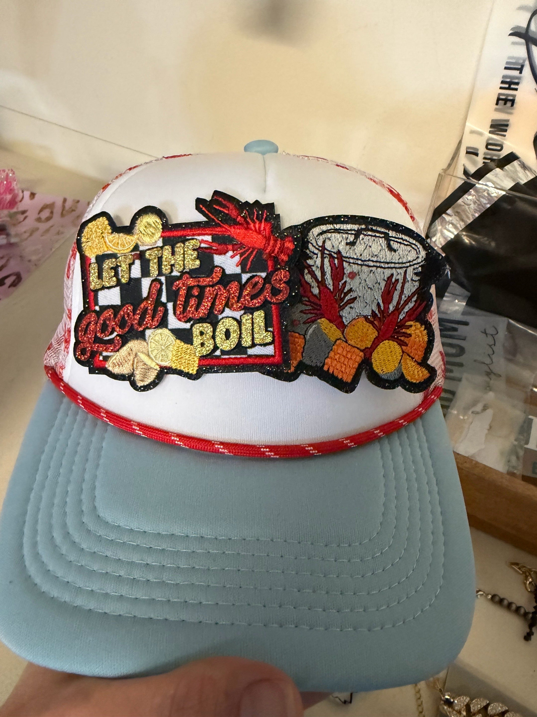 Let the good times boil with crawfish print trucker hat