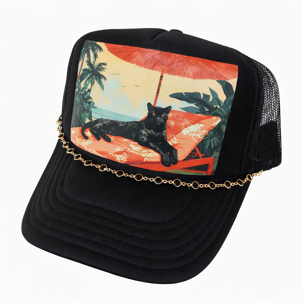 Tropical Panther Trucker Hat – Beach Vibes Graphic Cap with Gold Chain