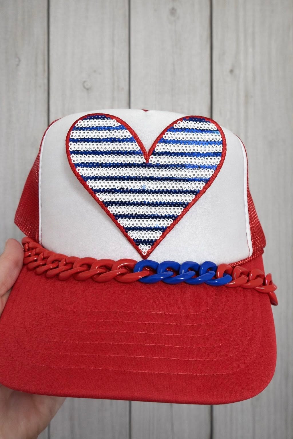 Red White & Blue Sequin Heart Trucker Hat