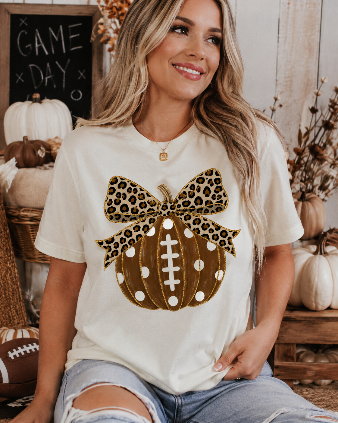 Leopard Bow Football Pumpkin Graphic Tee