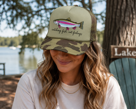 Catching Fish Not Feelings Camo Trucker Hat
