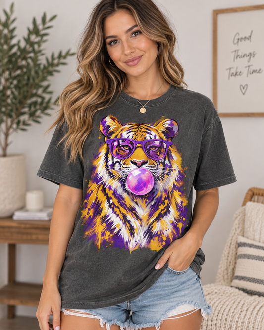 Purple & Gold Bubblegum Tiger Graphic Tee – Comfort Colors Pepper